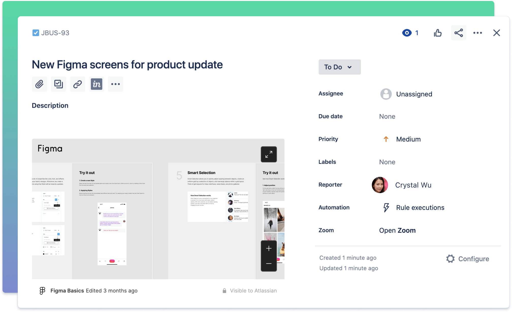 Captura de pantalla de la integración de Figma con Jira